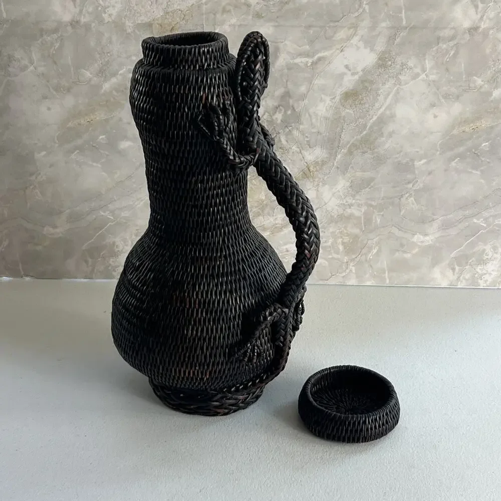 Woven Wicker Rattan Vase With Lizard Handle and Lid 13.5